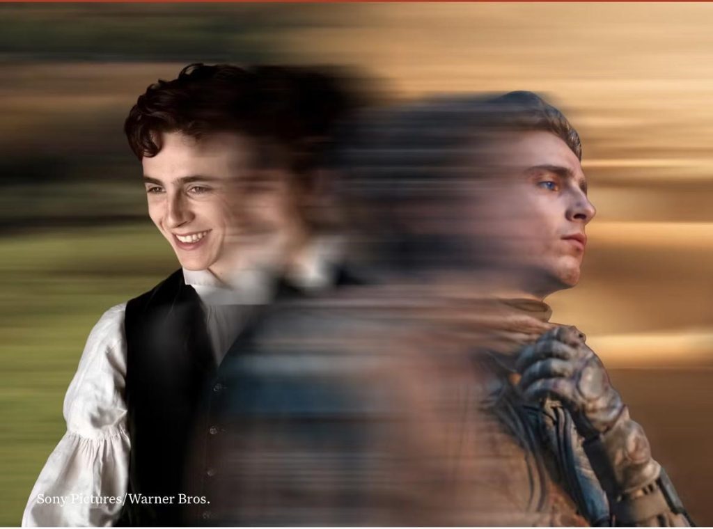 Actor Timothee Chalamet in the series Little Women on the left side and the movie Dune on the right