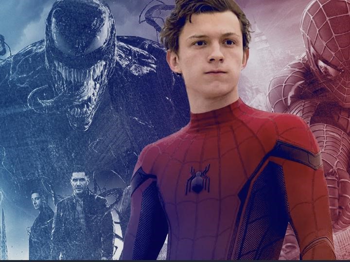 Picture of the character Spiderman and another character Venom is to the left of him in the background