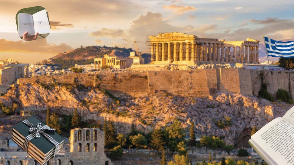 Image shows Greek architecture, with books surrounding the image and a flag in the distance.
