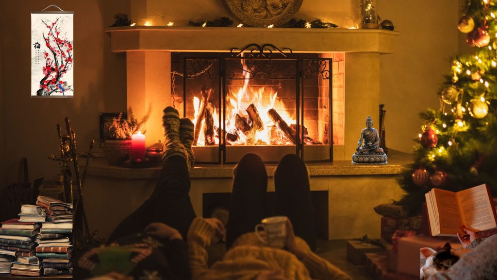 Christmas fireplace with collage of images; Japanese wall painting, books in the corner, a statue by the tree, and a book being read next to the couple by the fire.
