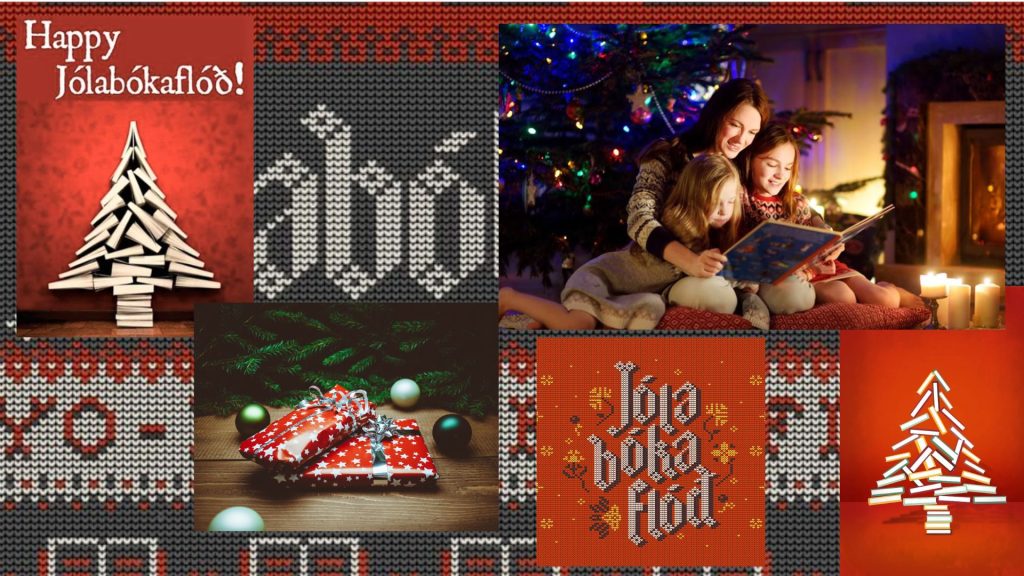 Jólabókaflóð, multiple Christmas-themed books shaped like trees, books as presents, and a mother and children reading near the tree and fireplace.