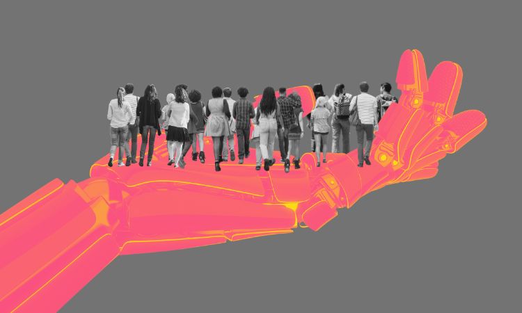 A pink robot hand holds a pool of people in its palm.
