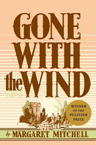 Cover of Gone With the Wind by Margaret Mitchell. Old design with small illustration of two men and a woman in a gown.
