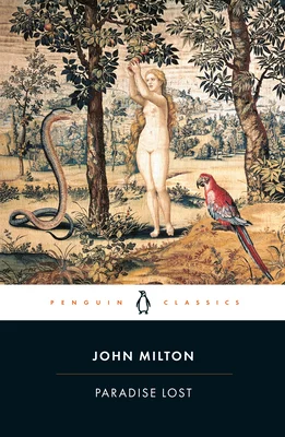 Cover of Paradise Lost by John Milton. Painting of a nude Eve reaching for forbidden fruit in the Garden of Eden beside a serpent and a bird.
