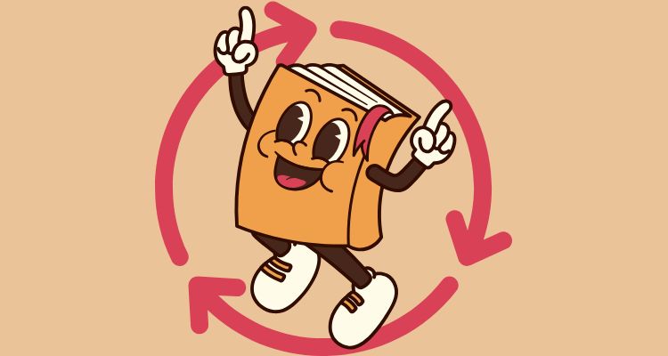 A book with a cartoon face and arrows in the shape of a circle.
