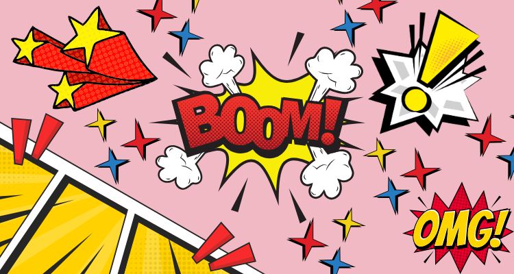 A variety of comic book figures, such as an exclamation point, stars, BOOM!, and OMG!
