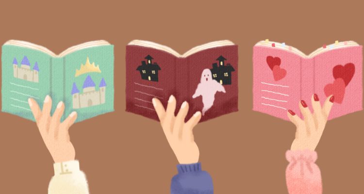 Three different hands holding three different books. One book features a castle, another book features a ghost, and the last book features hearts.
