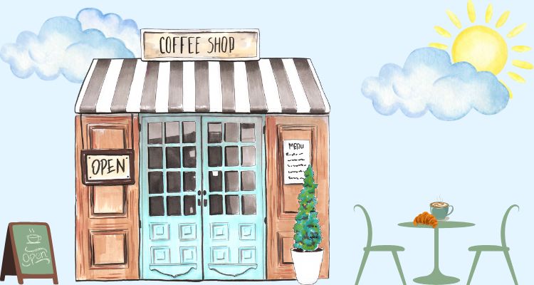 A coffee shop with a sign that says "Open" outside it. A table and chairs with a croissant and a cup of coffee on top.