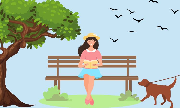 A woman sitting on a bench next to a tree, a dog being walked, and birds in the distance.