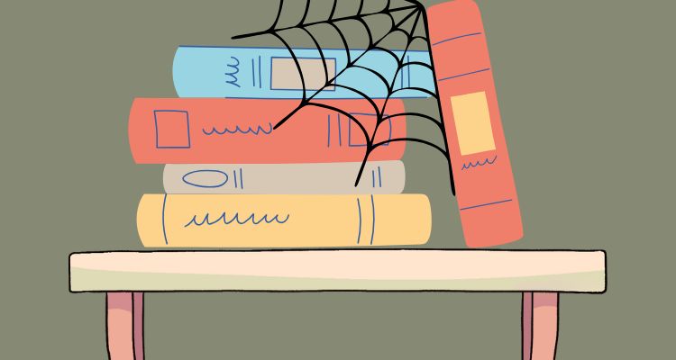 A shelf with books on it and cobwebs on the books.
