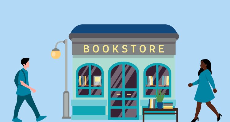 Two people walking into a bookstore.