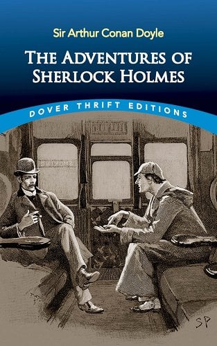 'The Adventures of Sherlock Holmes' by Sir Arthur Conan Doyle book cover showing two men sitting in a train car.