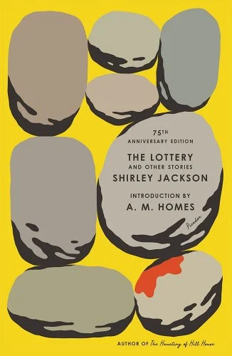 'The Lottery and Other Stories' by Shirley Jackson book cover with 8 rocks of varying sizes against a yellow background.