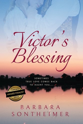 Victor's Blessing by Barbara Sontheimer, book cover depicting a Civil War era couple embracing superimposed over a dusky lake.