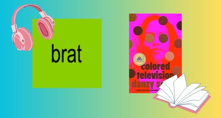 Brat album cover with pink headphones alongside the Colored Television book cover with an open book.