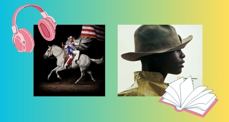 Cowboy Carter album cover under headphones alongside The Long Ride Home and an open book.