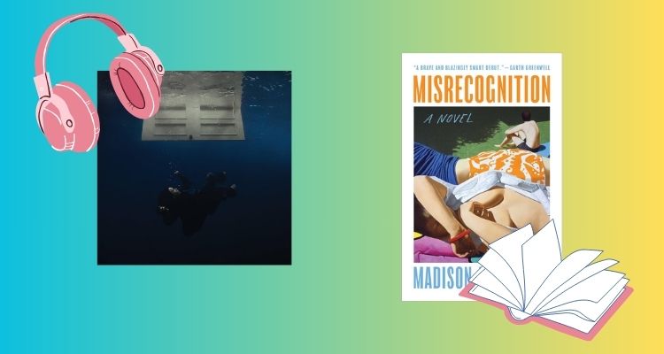 Hit me Hard and Soft album cover under headphones alongside Misrecognition book cover and an open book.