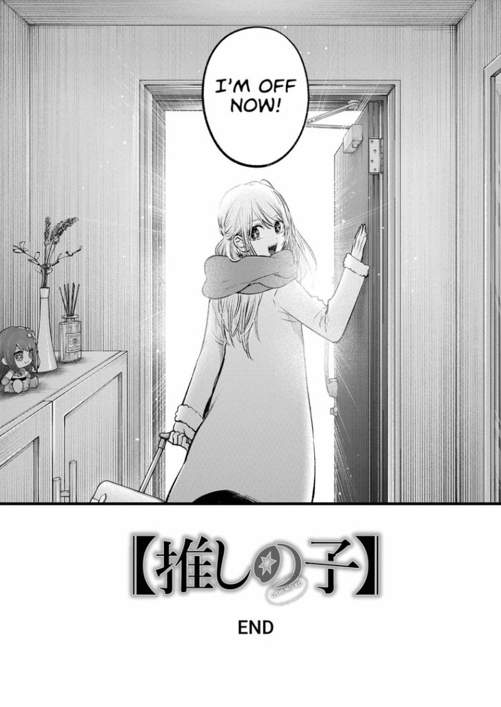 Last panel of Oshi no Ko manga by Aka Akasaka, depicting Ruby taking off for her job as an idol.