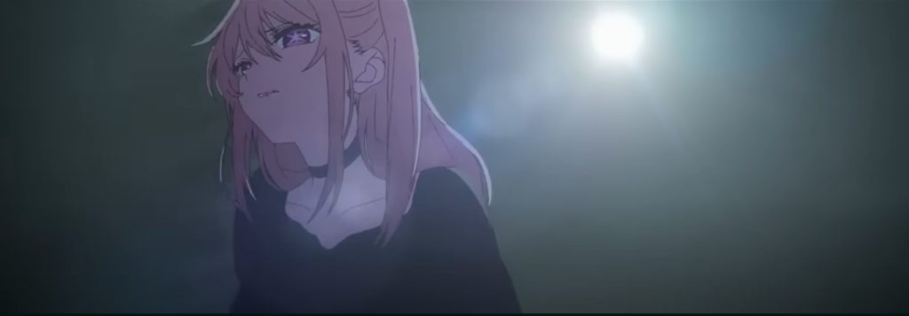 Screen grab Oshi no Ko's second season ED depicting Ruby about to stand up as she's dressed in her funeral dress from the manga.