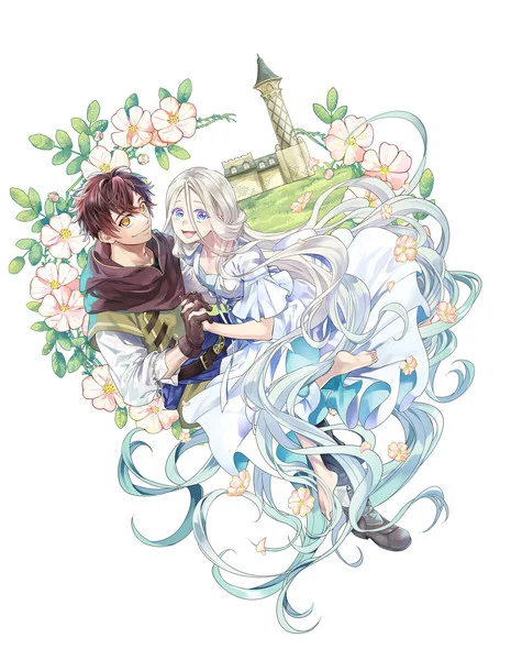 Teaser for Aka Akasaka's upcoming manga. Depicted are a boy with brown hair and a girl with long white hair holding hands, with flowers around them, and a castle-like building in the background.