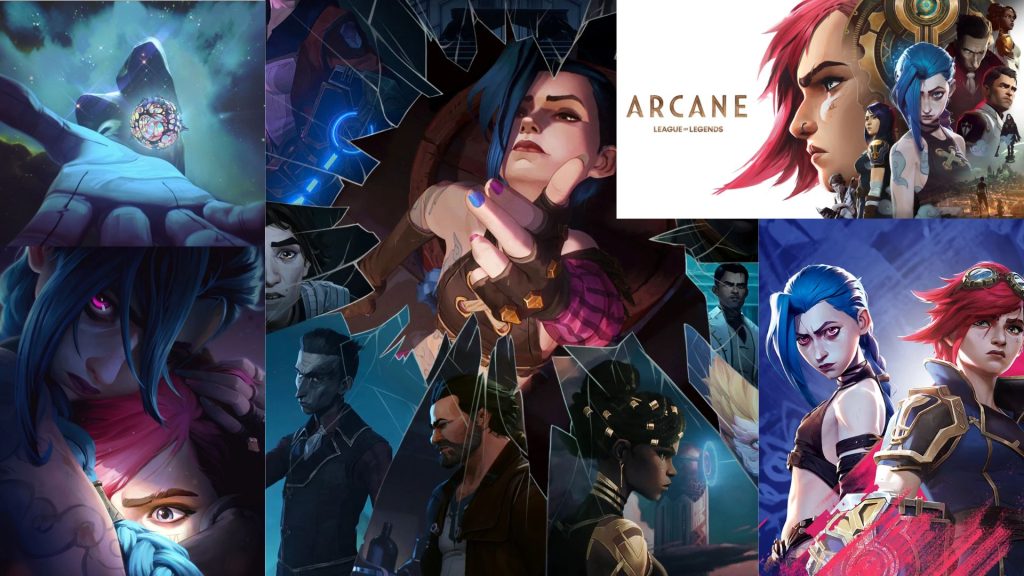 Compilation of Arcane, most depicting Jinx and Vi together across a broken reality.