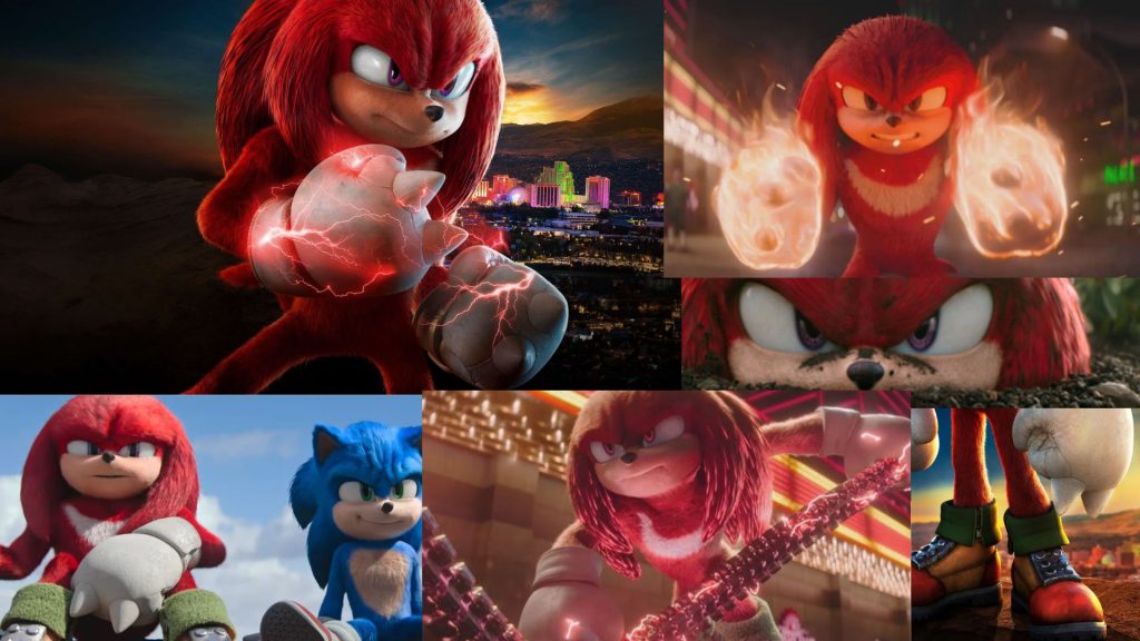 A series of images showing Knuckles, one with Sonic too, and his raw power.