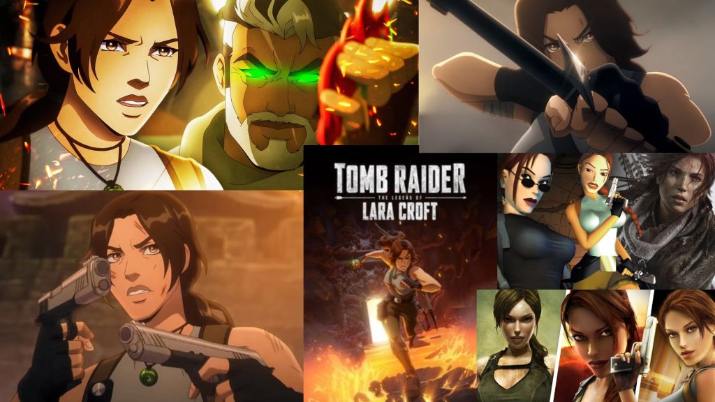 Franchise images of the history of Tomb Raider. As well as Lara Croft wielding numerous objects in the latest adaptation.