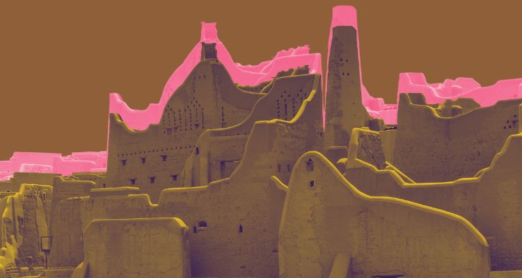 Ancient ruins creep up toward the top of a brown and pink background.