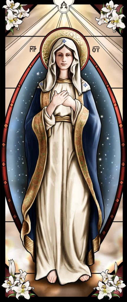An artistic rendition of the Virgin Mary with white lillies decorating the corners of the frame