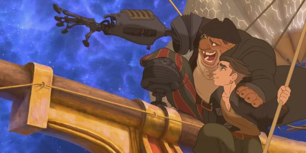 Jim Hawkins and Jhon Silver share a joyful moment on a ship's mast against a starry cosmic backdrop in Treasure Planet.