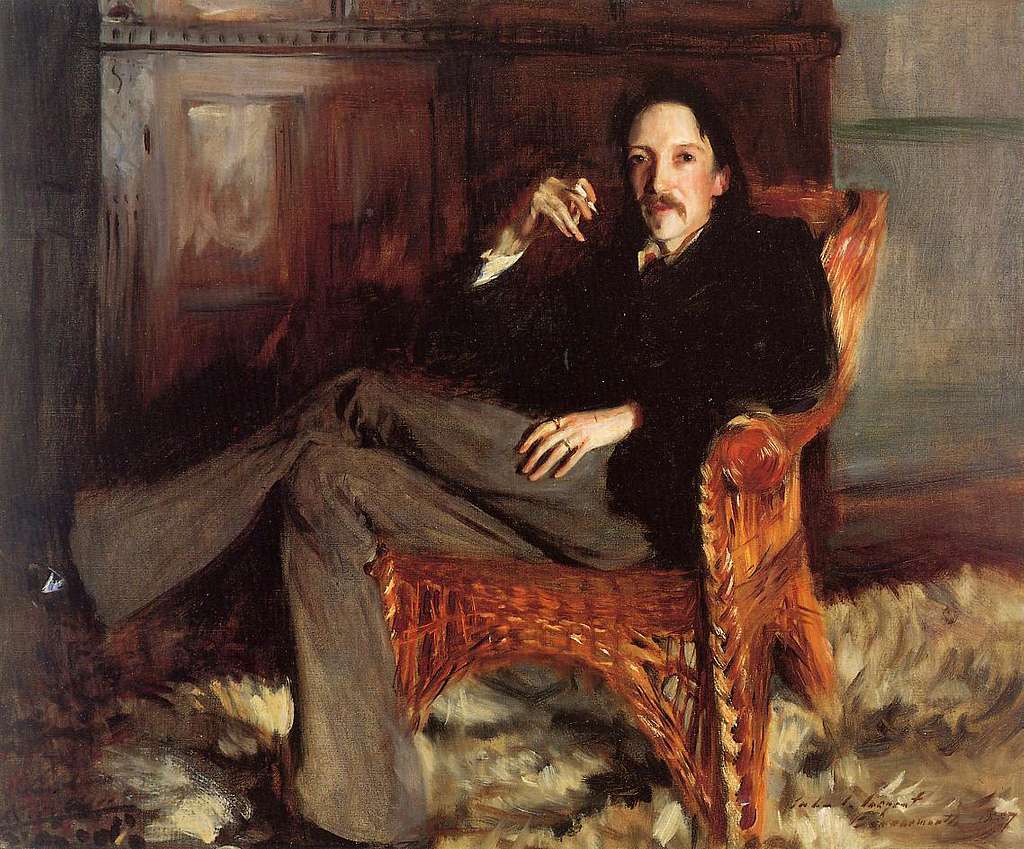This elegant portrait features a seated man in black attire, exuding confidence. The expressive style highlights his contemplative demeanor and intricate wicker chair.