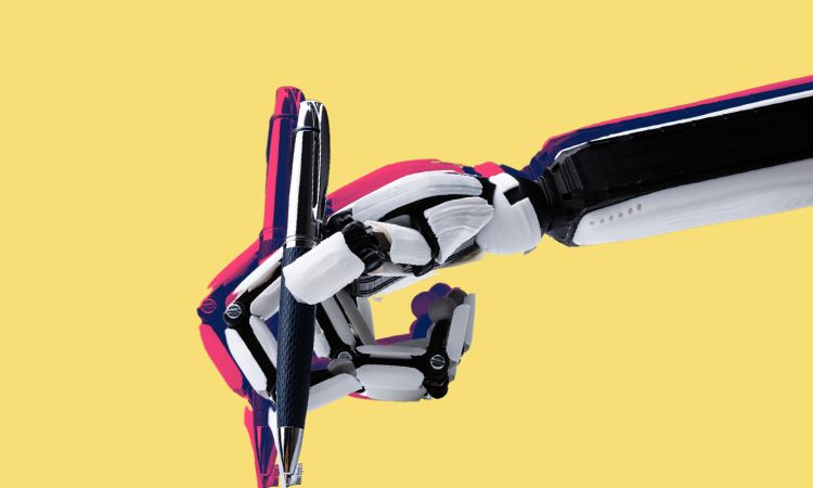 A robot hand holds onto a pen.