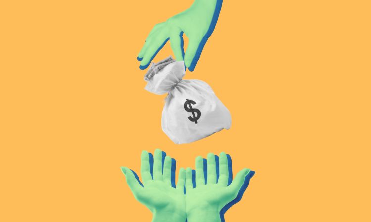 Open hands reach out to catch a bag of money being dangles by pinching fingers.