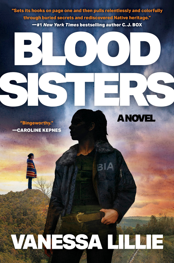 Featuring a dark and suspenseful atmosphere with a silhouette of a woman wearing a BIA jacket in the foreground and another figure in a colorful blanket standing on a hill in the background. The tagline emphasizes buried secrets and Native heritage.