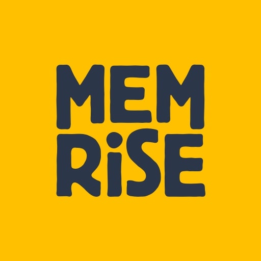 Memrise logo with 'Mem' on top of 'Rise' and the letters in black against a gold background.