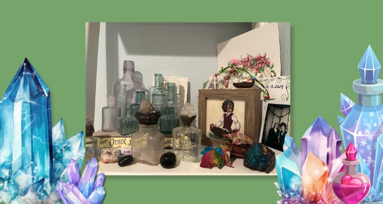 RK Ashwick's crystal bottle collection on her bookshelf.