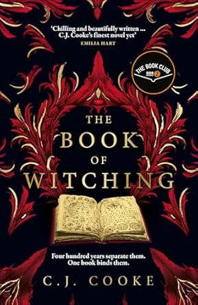 Book cover for The Book of Witching by C.J. Cooke. It has a black background with red and gold feathery filigree.