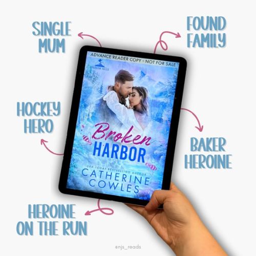 Broken Harbor by Catherine Cowles book cover on a grey background. Girl embracing a guy with her arms around his neck against a blue mountain backdrop. Blue text pointing from the book labeling the tropes as Single Mum, Found Family, Hockey Hero, Baker Heroine, and Heroine on the Run.
