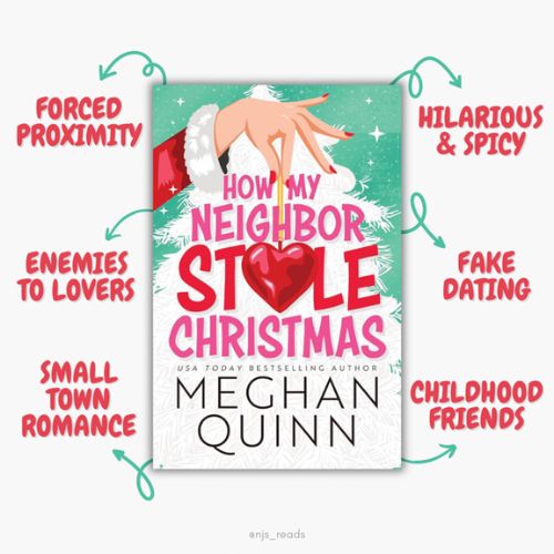 How My Neighbor Stole Christmas by Meghan Quinn book cover on a grey background. White christmas tree against a green background with a red manicured hand holding a heart ornament in the middle of the world Stole. Red texting pointing from the cover labeling the tropes as Forced Proximity, Hilarious and Spicy, Enemies to Lovers, Fake Dating, Small Town Romance, and Childhood Friends.