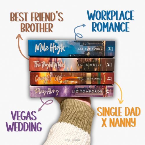 Windy City Series by Liz Tomforde on a grey background. Best Friend's Brother in brown letters pointing from The Right Move book, Workplace Romance in blue letters pointing from the Mile High book, Vegas Wedding in Purple Letters pointing from the Play Along book, and Single Dad and Nanny in Orange Letters pointing from the Caught Up Book.