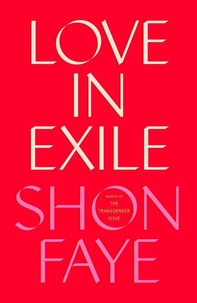 The red background is covered in large text in both white and pink, reading "Love in Exile."