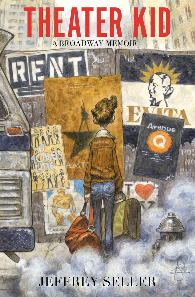 Cartoon image of a young man holding luggage, looking up at Times Square for the cover of Theater Kid.