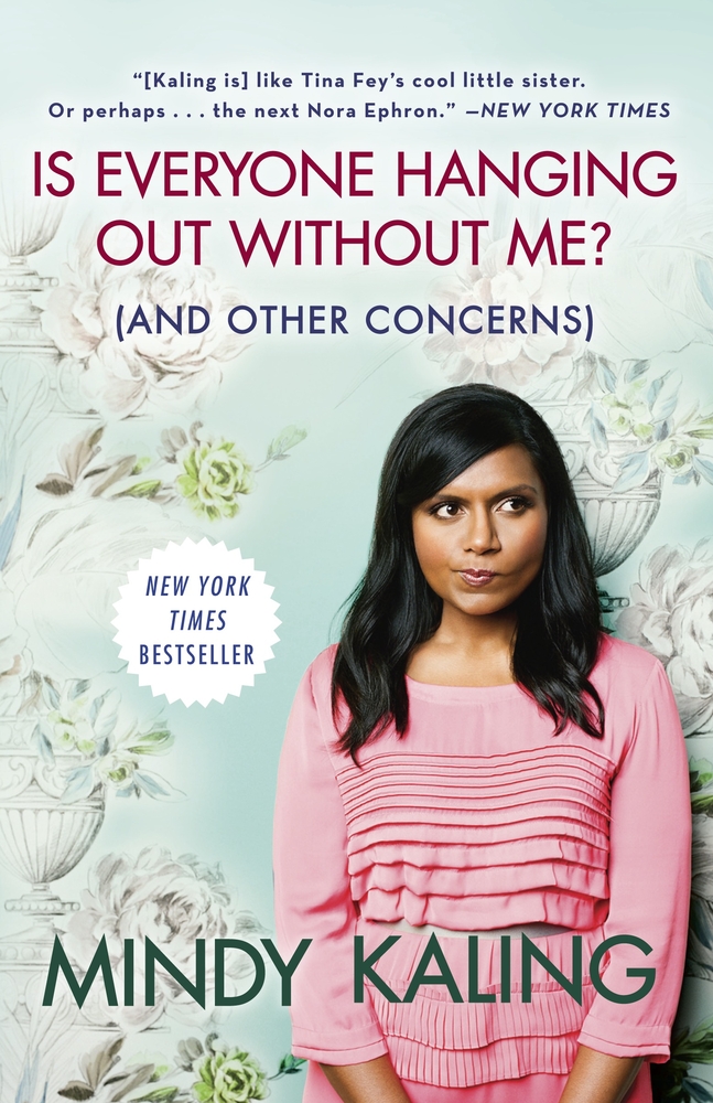 Is Everyone Hanging Out Without Me? by Mindy Kaling book cover featuring Mindy Kaling wearing pink while making an awkward face in front of a wallpaper of vases with flowers.