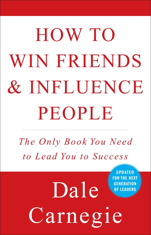 How to Win Friends and Influence People by Dale Carnegie book cover. A red and white book cover.