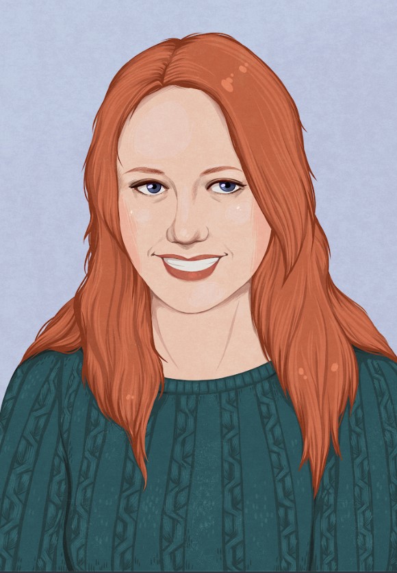 Drawing of Emily Stone, who has red hair and features. She wears a green sweater and stands in front of a blue background.