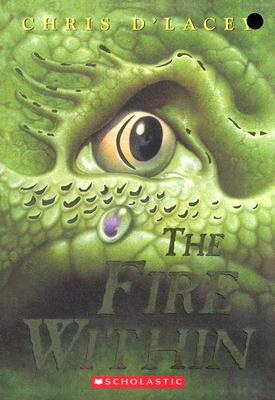 'The Fire Within' by Chris d'Lacey book cover with a green dragon shedding a tear with a purple flame inside