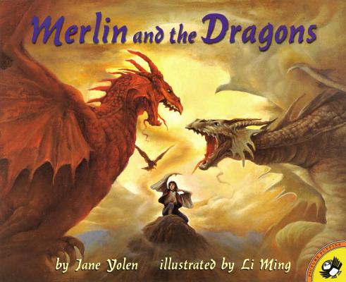 'Merlin and the Dragons' by Jane Yolen and Illustrated by Li Ming book cover showing two dragons with a boy in the middle