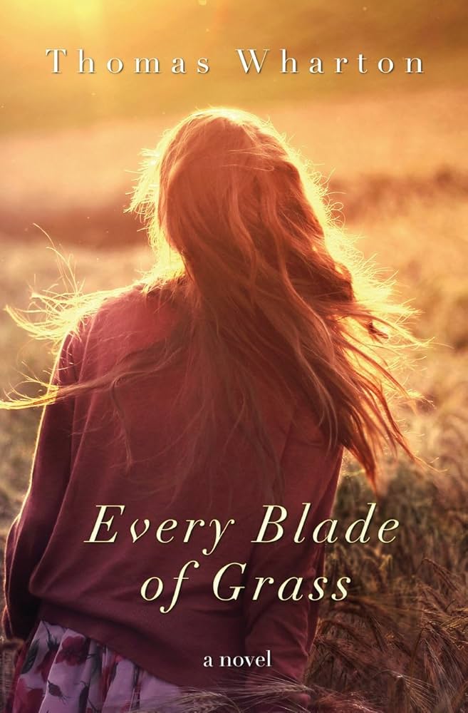 Every Blade of Grass by Thomas Wharton. The back of a woman with long hair who stands outside in the setting sun.