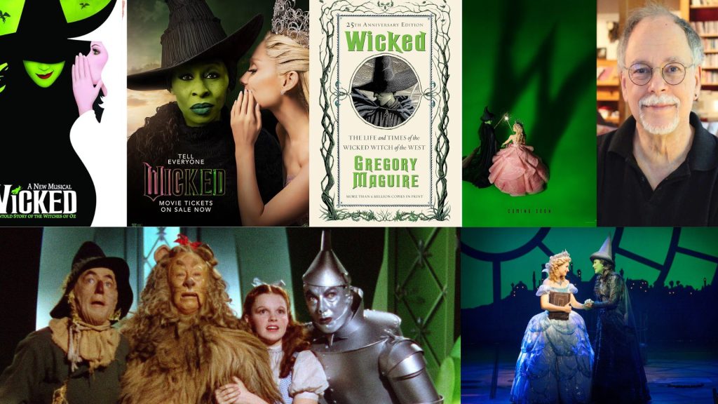 The same depicted image of the princess whispering into the witch's ear is seen in both the musical and the 2024 film. Gregory Maguire and his novel stand on either side of another poster of the 2024 film with the W cast as a shadow. The original 1939 film with a cast of four: lion, scarecrow, Tin Man, and Dorothy stand in awe. Beside them is a scene from the musical between the princess and the wicked witch.