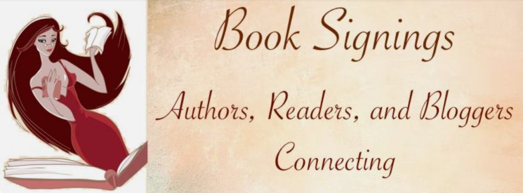 Book Signings. Authors, Readers, and Bloggers Connecting. Tan background with a picture of a woman with long hair and a read dress holding a book and coming from inside another book on the side.